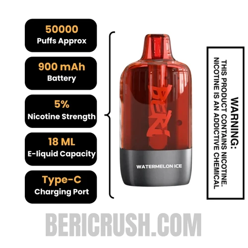 Watermelon Ice Beri Cliq 50K Disposable Vape Pod Specifications