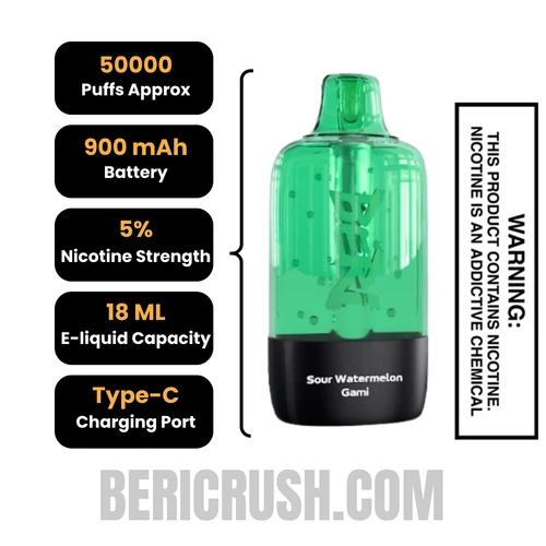 Sour Watermelon Gami Beri Cliq 50K Disposable Vape Pod Specifications