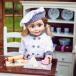 In kitchen play scene, an 18" doll Chef is preparing with 18 inch doll baked goods. In kitchen play scene, an 18" doll Chef is preparing with 18 inch doll baked goods.