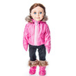 Complete Pink Ski Wear Outfit, Doll Clothes for 18 Inch Dolls, comes with pink doll coat with hood, matching booties and mittens, and black 18 inch doll pants. Complete Pink Ski Wear Outfit, Doll Clothes for 18 Inch Dolls, comes with pink doll coat with hood, matching booties and mittens, and black 18 inch doll pants.
