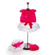 Our 8" doll clothing display stand holds one 18 inch doll outfit only and baby clothes will not fit it. Our 8" doll clothing display stand holds one 18 inch doll outfit only and baby clothes will not fit it.