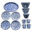 18" doll spatterware dish set features 3 "nesting bowls, platter, 4 dishes and 4 cups; perfectly sized doll accessories!