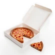 A high-angle studio shot features a doll-sized toy cheese pizza inside an open white cardboard pizza box against a solid white background. The realistic toy pizza has a thick, tan crust with melted cheese slice, with one individual slice completely removed and resting on the surface next to the box