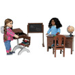 This studio photograph features an elaborate miniature classroom scene with two 18-inch dolls, isolated on a white background.