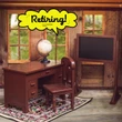 This promotional photo features a vintage-style miniature wooden schoolroom furniture set from The Queen’s Treasures®, designed for 18-inch dolls. A bright yellow speech bubble sits near the top center, containing the word "Retiring!" written in a bold black cursive font.