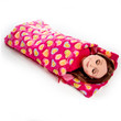 Against white background an 18 inch doll sleeps in the Soft Pink Sleeping Bag 18 inch doll accessory.
