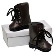 This studio product photograph displays a pair of realistic miniature lace-up boots sized for 18-inch dolls, isolated against a solid white background.