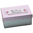 A small rectangular doll shoe box with a white base and a glittery pale pink lid against a plain white background. The top of the lid features a white decorative label reading "The Queen's Treasures®" in black cursive script, flanked by two pink fleur-de-lis symbols, with the slogan "Bringing back imagination to play!" printed underneath.