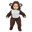 A baby doll stands against a plain white background wearing a brown hooded bear onesie with a fuzzy white belly and ears.