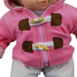 Close up of the complete Pink & Cream jacket with wooden toggle style button closure. Clothes for 15" Baby Dolls Close up of the complete Pink & Cream jacket with wooden toggle style button closure. Clothes for 15" Baby Dolls