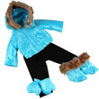 Complete blue snow and ski outfit comes with black pants, blue jacket with detachable hood and faux fur, matching booties, and blue mittens. Complete blue snow and ski outfit comes with black pants, blue jacket with detachable hood and faux fur, matching booties, and blue mittens.
