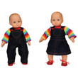 Against white background, one bitty baby wears the Rainbow Overalls Set and the other wears the Rainbow Skirt set. Against white background, one bitty baby wears the Rainbow Overalls Set and the other wears the Rainbow Skirt set.