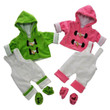 Against white backdrop laid out are the 8 pieces of the 2 Bitty Pink and Green Overall Outfit Sets. Against white backdrop laid out are the 8 pieces of the 2 Bitty Pink and Green Overall Outfit Sets.