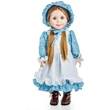 A pioneer doll with long brown hair stands on a white background wearing a blue calico dress, matching fabric bonnet, white ruffled apron, and brown lace-up boots, designed to fits 18" American Girl Dolls.