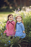 little house dolls wearing matching 1800s historical dresses 18 inch doll clothing.