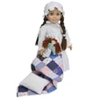 An 18-inch pioneer doll outfit with a bonnet, nightgown, quilt, pillow, and mini rag doll that fits 18" American Girl® Dolls.