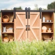 A wooden doll storage trunk by The Queen's Treasures® stands in a grassy field, featuring sliding barn doors closed in the center and side shelves filled with miniature pioneer accessories.