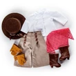 Complete Frontier Girl Outfit comes with gaucho pants, blouse, scarf, fringed faux-suede gloves, a brown wide brimmed hat and 18 inch doll boots . 18" doll doll clothing also fits 18 Inch American Girl Dolls.