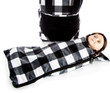 This studio product photograph highlights a 2-in-1 miniature sleeping bag and backpack carrier designed for 18-inch dolls, isolated on a white background.