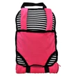 A plush doll-carrier backpack featuring a solid bright pink front panel and shoulder straps layered over a black and white horizontally striped background. A black top handle extends from the top, and a matching rolled-up pink sleeping bag is secured with black straps beneath the main bag against a plain white background.