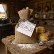 Little House on the Prairie Ma's Buttery Biscuit Mix packaged in burlap bag with gingham .ribbon and label. This is placed on a floured bread board in a little house on the prairie kitchen
