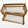 A miniature wooden 18-inch doll trundle bed frame showing the woven rope support grid without bedding or mattresses.