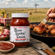 Bone Suckin Sauce jar on a barbeque with chicken on the grille