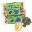 A  fan display of six clear bags of "Tailgate and Celebrate Pasta" by Pastabilities layered diagonally on top of each other. The packaging features a prominent green label illustrating a football and a blue helmet. Displayed closely in the bottom-right foreground are two oversized pasta shapes—one dark green football helmet and one light yellow football—highlighting the detailed design of the contents.