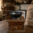 An antique wooden box coffee grinder sitting on a rustic table, featuring a dark cast iron bowl hopper and an extended hand crank with a round wooden knob. Next to it sits a burlap sack labeled "PRAIRIE COFFEE."