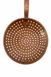 Underside angle of antique perforated copper skimmer showing bowl depth and handle connection