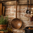 Large antique copper skimmer ladle hanging on rustic brick kitchen wall beside herbs
