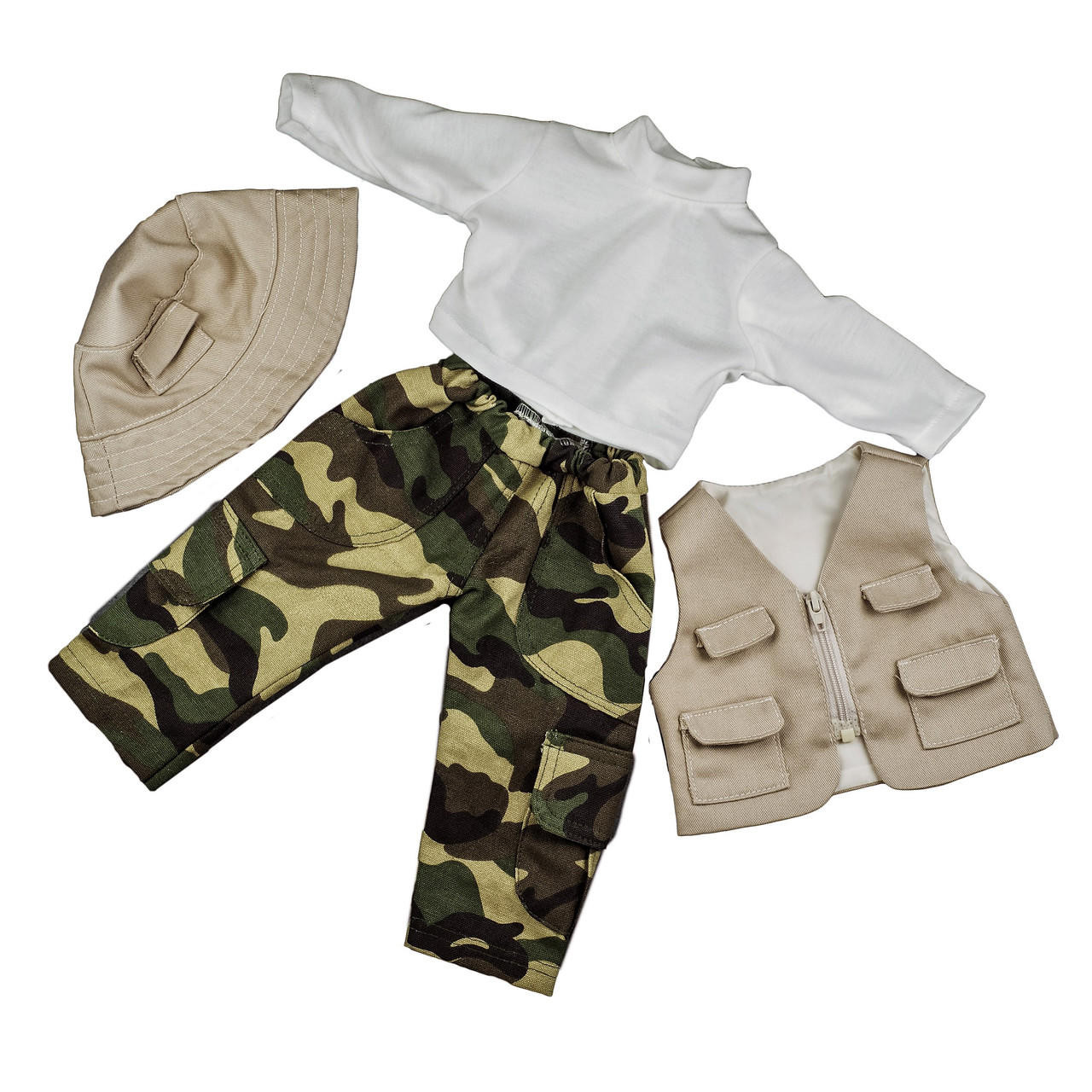 The fishing outfit 18" doll clothing laid out flat against white background.