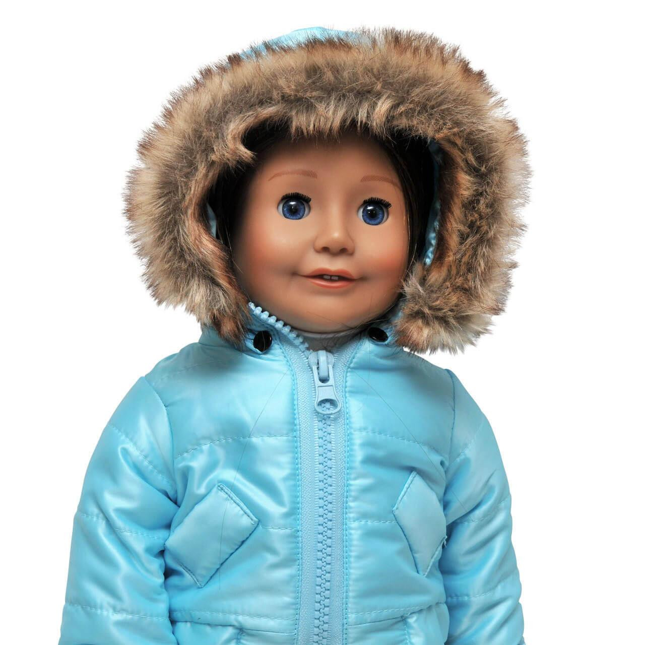 Blue Ski Wear Outfit has faux-fur lining on the hood and is worn by our 18" Laura Ingalls doll. Doll Clothes also fit 18 Inch American Girl Dolls.