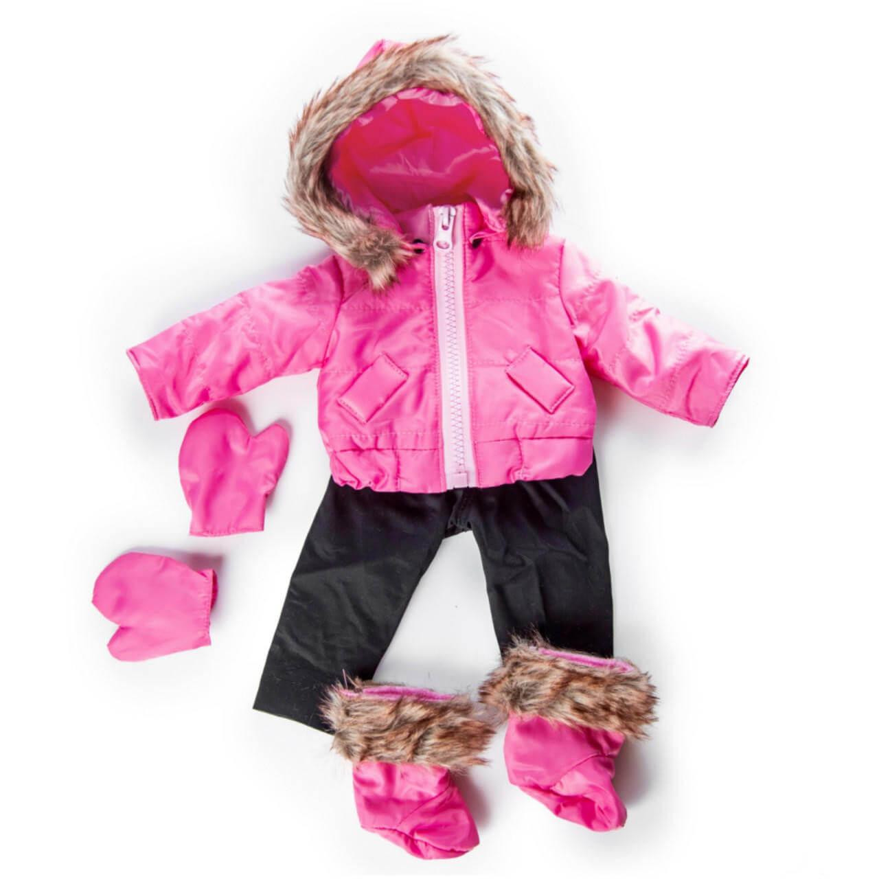 The Queen's Treasures 6 Piece Pink Ski Wear Outfit, Doll Clothes for 18 Inch Dolls, comes with zipper up jacket with hood, pink matching mittens and booties, and black pants. Doll clothes fit 18 inch American Girl® dolls.