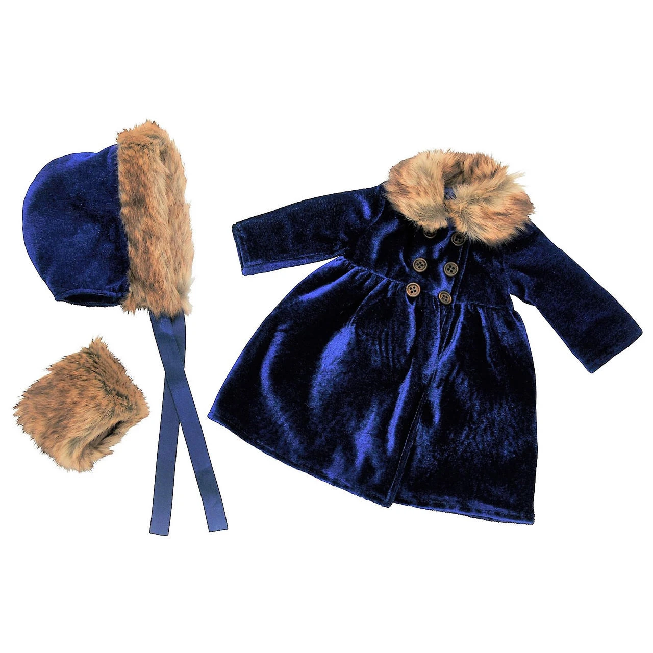 A vintage-style winter clothing outfit for an 18-inch doll is laid flat against a solid white background. The set features a long, deep royal blue velvet winter coat with a fluffy brown faux-fur collar and dark buttons. Next to the coat is a matching blue velvet bonnet trimmed in brown faux fur with long blue ribbon ties, along with a separate matching faux-fur hand muff.
