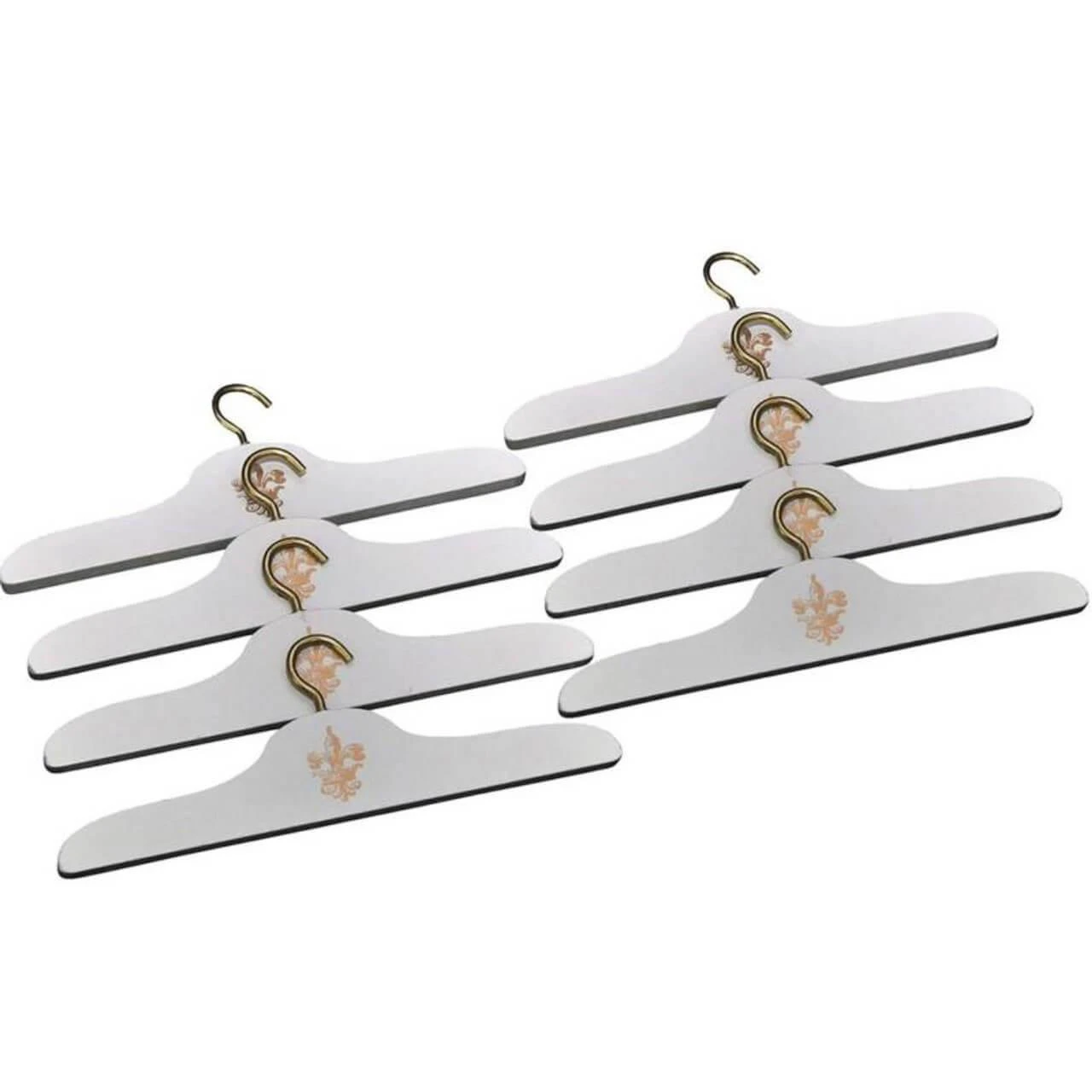 A set of eight miniature wooden doll hangers by The Queen's Treasures® is displayed in two neat stacks of four against a solid white background. The hangers are painted white with a smooth finish, featuring a curved metal hook at the top and a gold crown logo stamped in the center of each hanger. They are designed to hold 18-inch doll clothing.