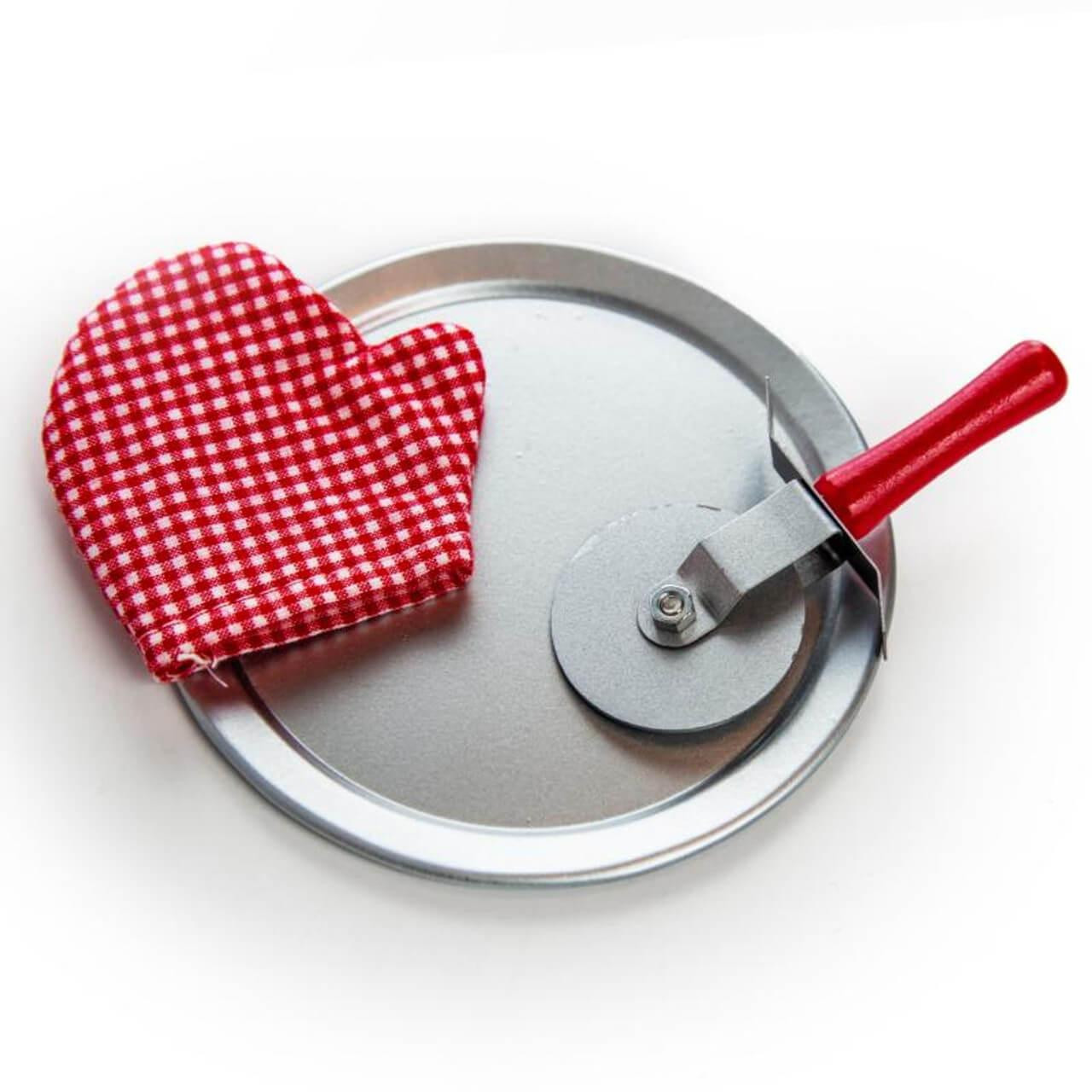 An isolated product shot of a miniature pizza baking accessory set scaled for 18-inch dolls, isolated on a clean white background.