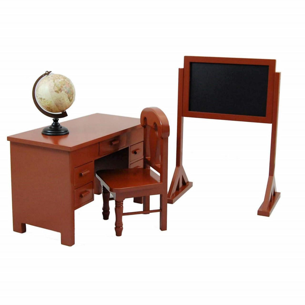 This studio product photograph showcases a vintage-style miniature wooden schoolroom furniture set scaled for 18-inch dolls, isolated on a solid white background.