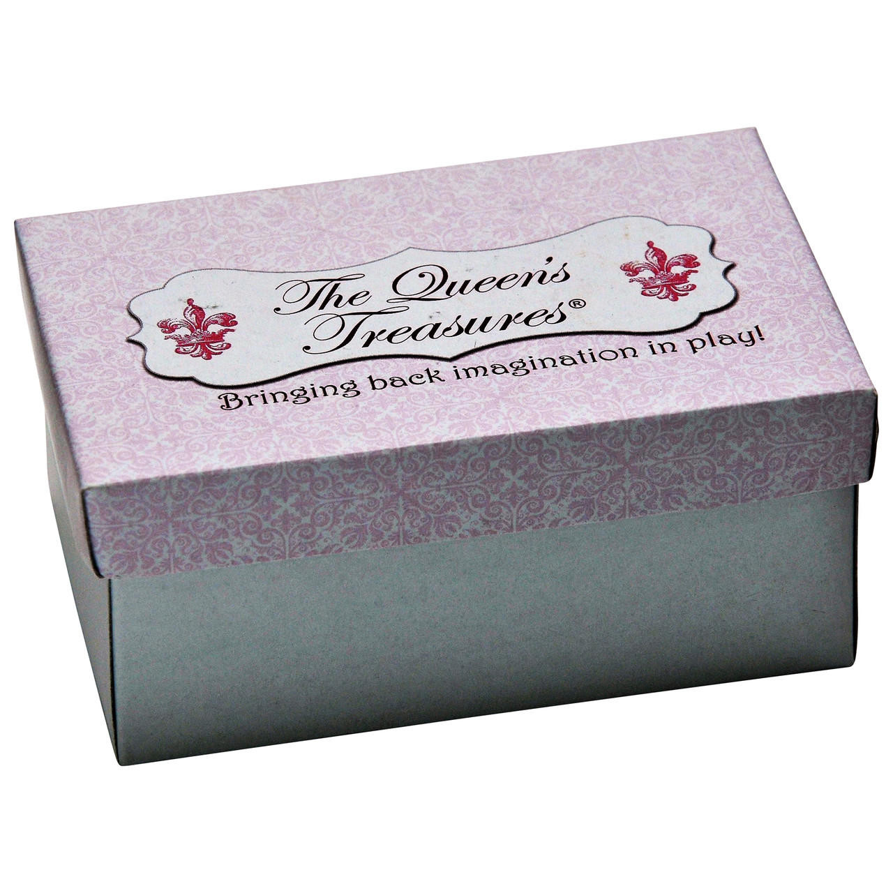 This studio product photograph features a miniature collectible doll shoe box from The Queen's Treasures, isolated on a white background.
