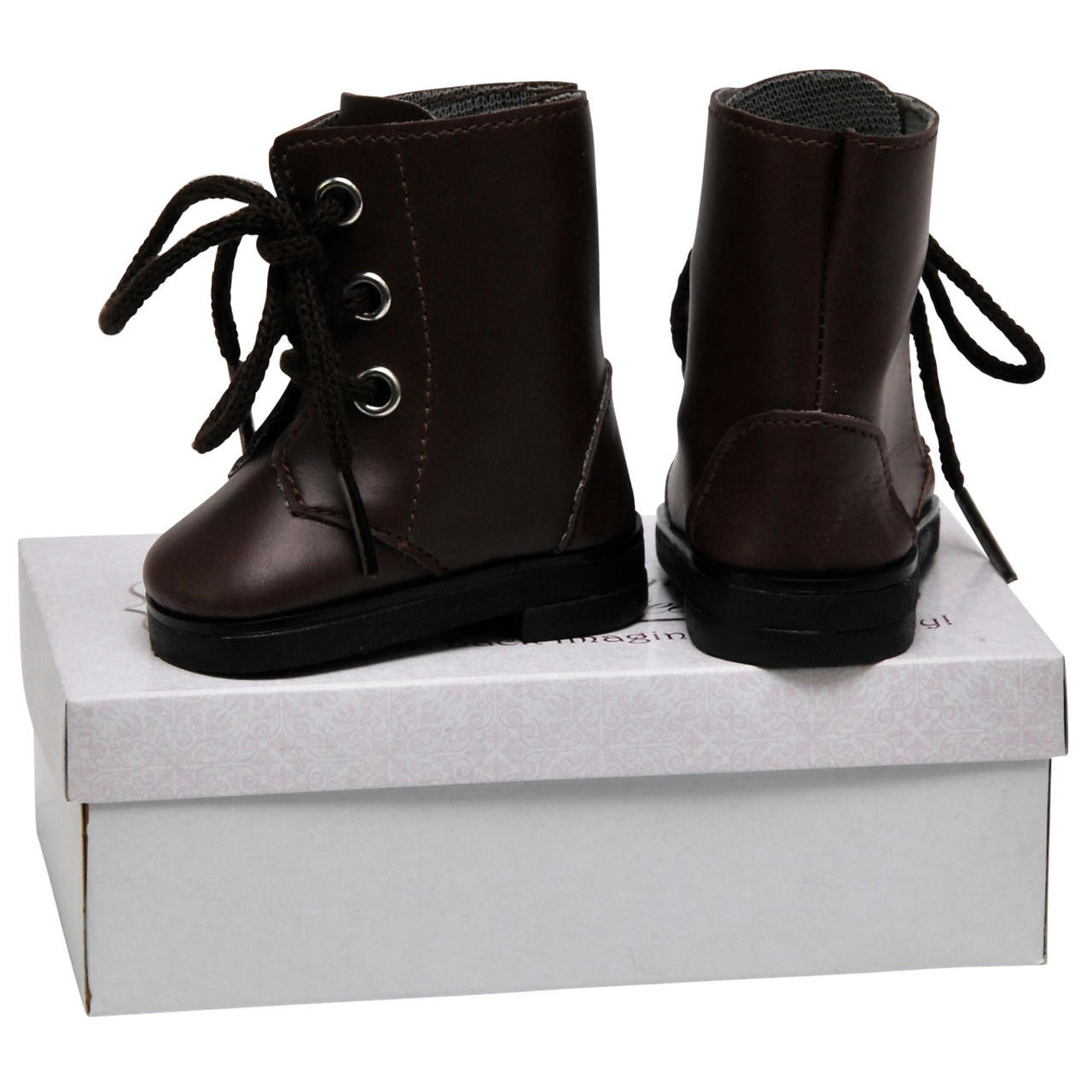 This studio product photograph displays a pair of realistic miniature lace-up boots sized for 18-inch dolls, isolated on a solid white background.