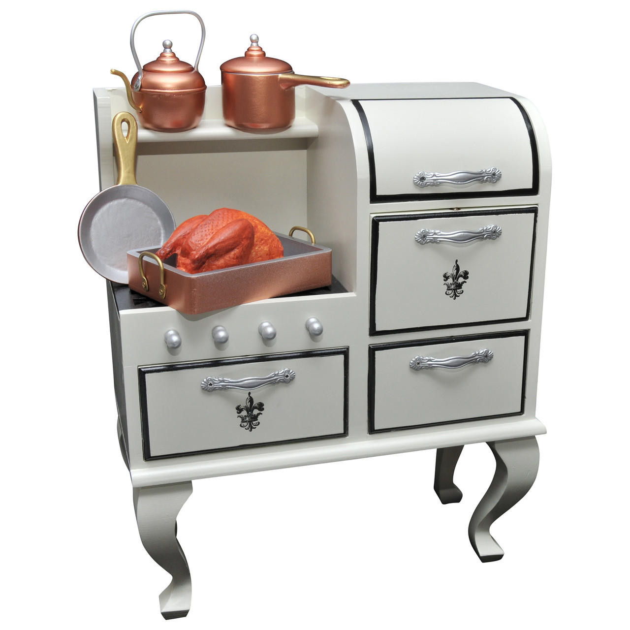 The Queen's Treasures®  7 Pc Kitchen Pots, Pans, Food Accessory for 18 Inch Dolls seen on our white 18" doll stove.