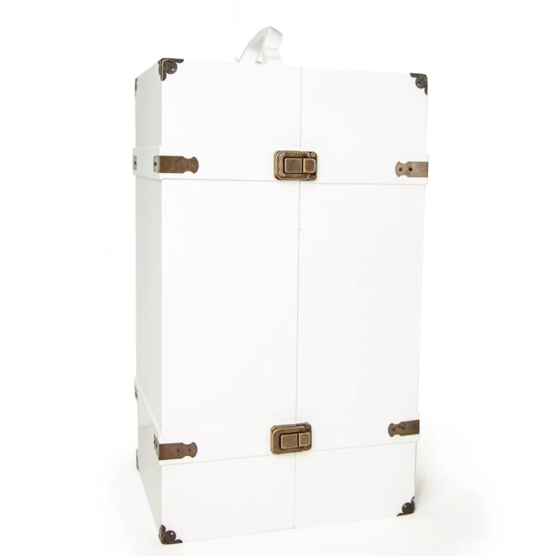 Against white background the white wooden storage trunk for 18 inch doll folds and clasps together for carrying.