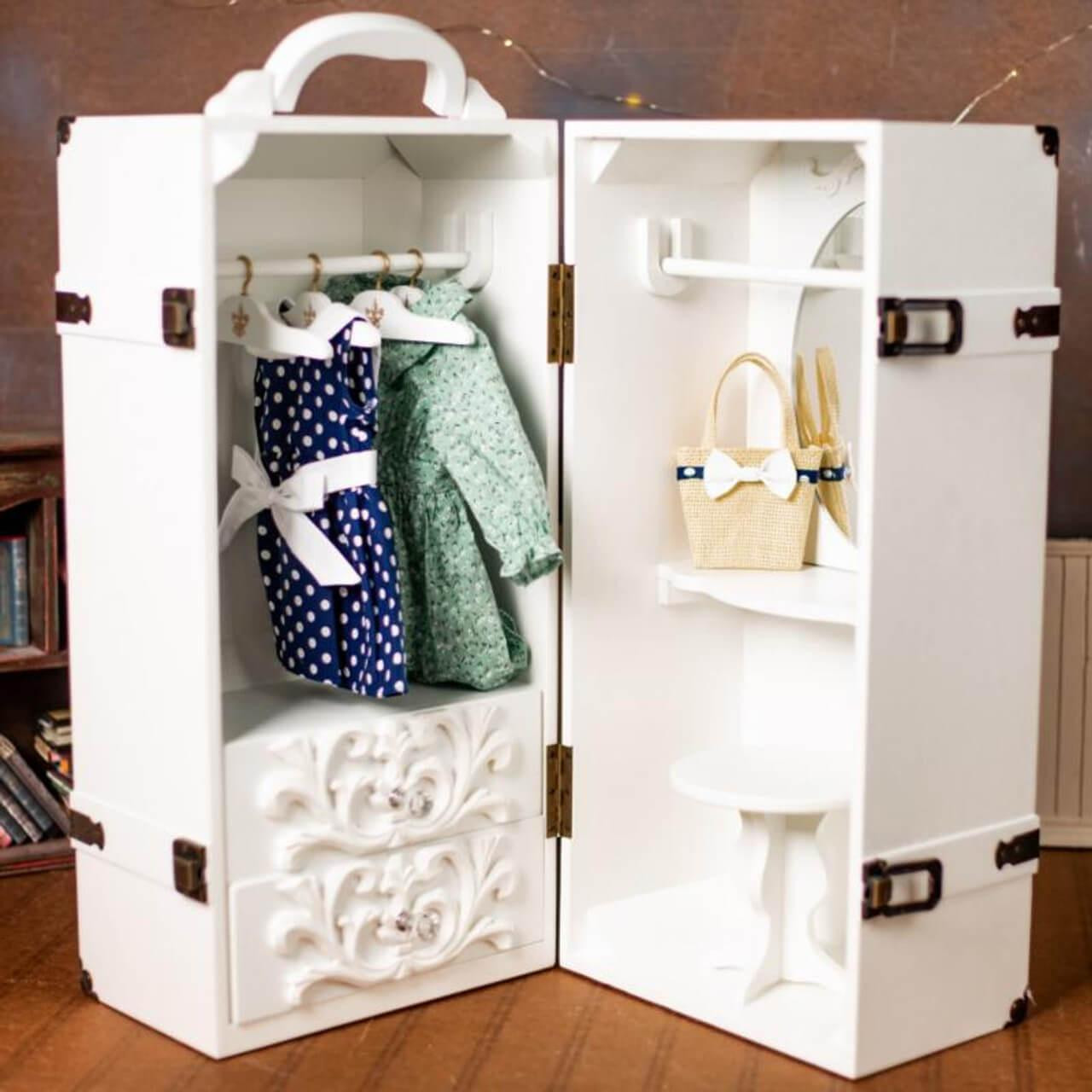 White Wooden Trunk with Vanity,Stool,Hangers- 18-Inch Dolls