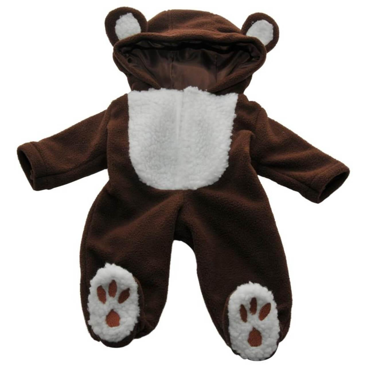 A plush, dark brown doll-sized hooded bear onesie layout flat against a white background, featuring a fuzzy white belly panel, matching white ears, and white paw pads with embroidered brown claws.