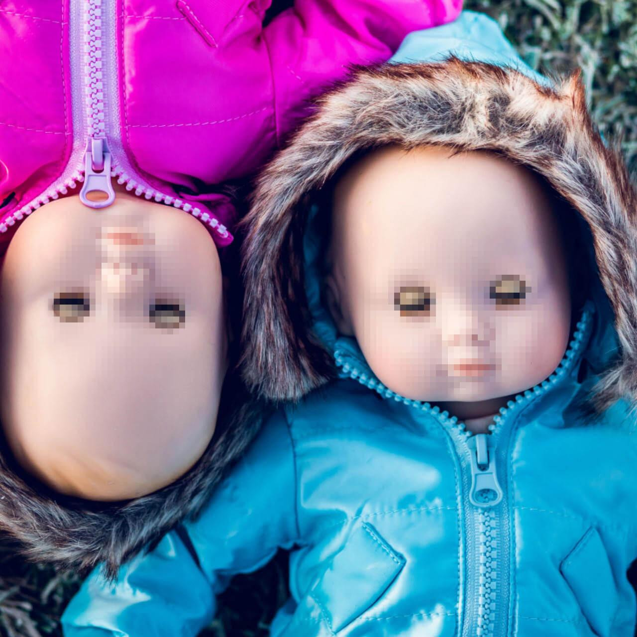 Close up of the Blue and the Pink Bitty Snow and Ski Wear Set. Perfect for Bitty Baby twins.
