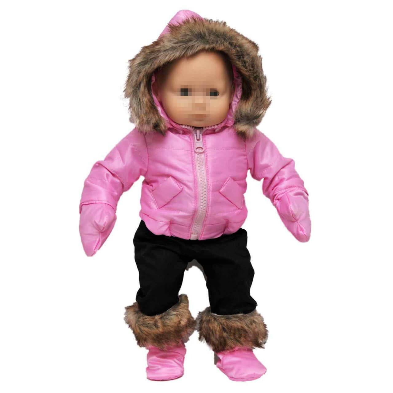 A baby doll stands against a plain white background wearing a bright pink winter jacket with faux fur trim, black pants, and pink boots that fits 15" American Girl® Bitty Baby dolls.