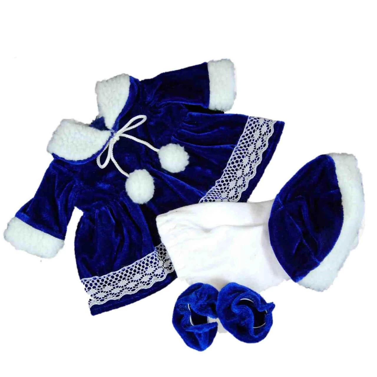 A doll-sized winter holiday outfit layout featuring a royal blue velvet dress with white faux fur trim, white tights, a matching winter hat, and blue booties against a white background.