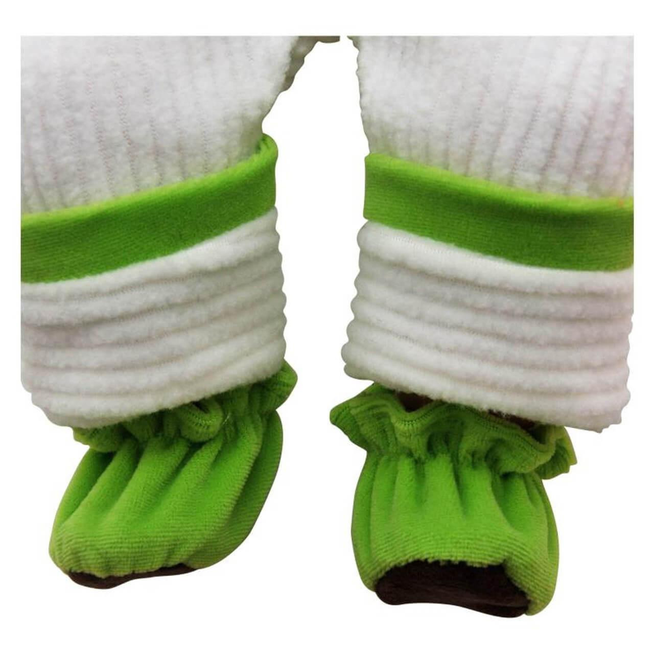 The included booties are solid color matching the jacket in either pink or green.