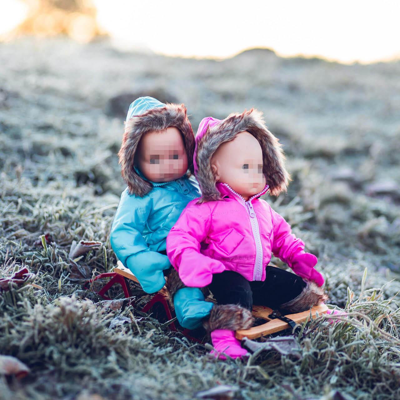 Two baby dolls ride together on a small wooden sled down a frosty, grassy slope outdoors. The doll in front wears a bright pink hooded winter coat with black pants, matching pink boots, and mittens, while the doll behind wears a matching light blue winter coat outfit.