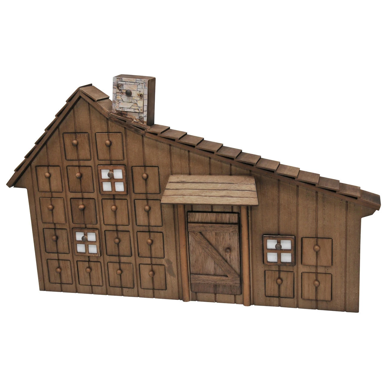 A wooden, cabin-shaped advent calendar with numbered drawers and a chimney, licensed by LITTLE HOUSE ON THE PRAIRIE®.